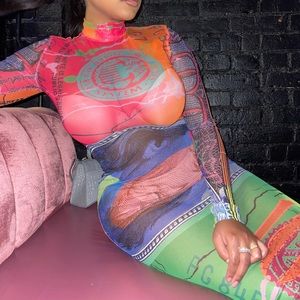 Multicolor Mesh Long Sleeve Dress